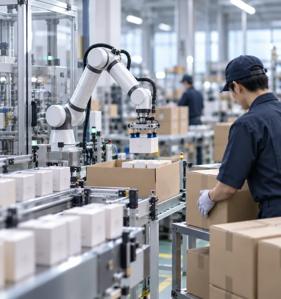 工場のラインで、ロボットアームが個包装の商品をまとめて段ボールへ入れ、その隣で作業者が箱を扱っている様子。
